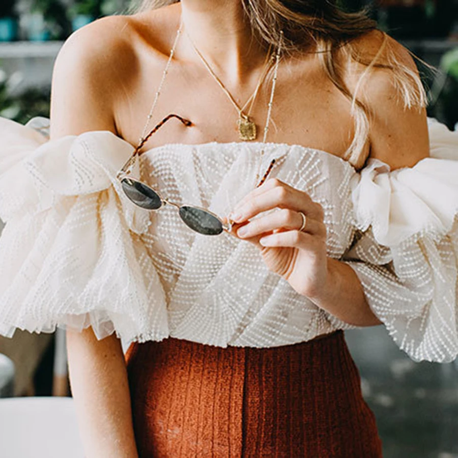 2018 Summer Apricot Asymmetric Personality Top Beading Lace Mesh Off Shoulder Crop Backless Sexy Short Style Women Top Blouses