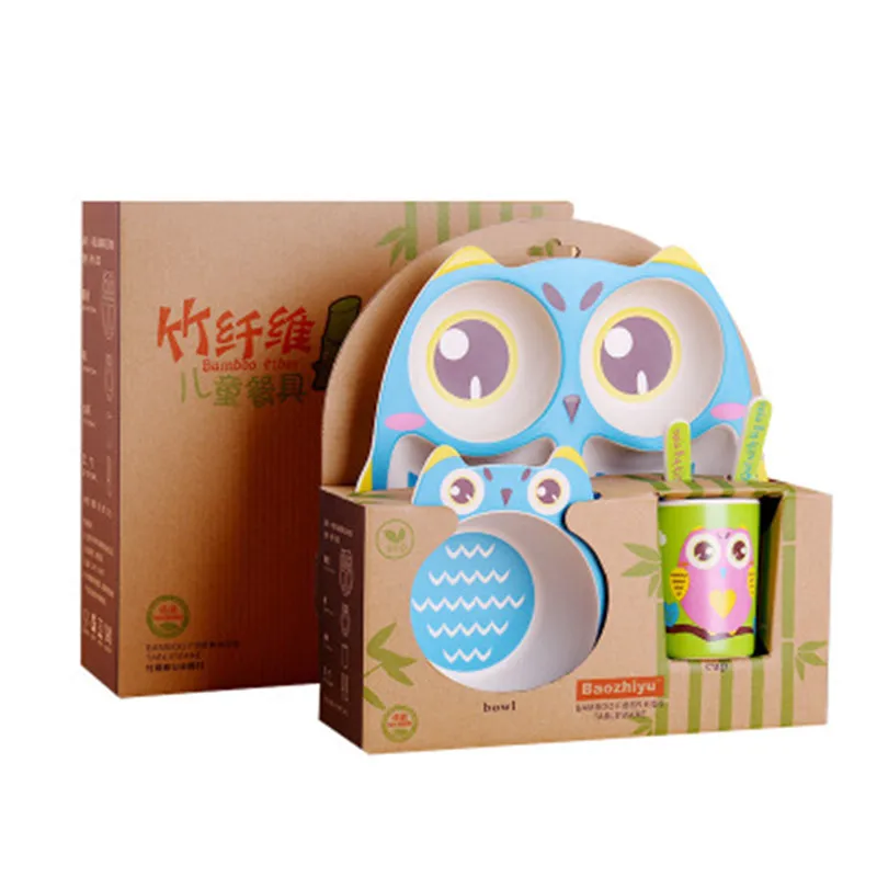 

New 5Pcs/Set Baby Dish Tableware Set Eco Bamboo Fiber Bowl Cup Spoon Plate Fork Set Feeding Dishes Kid Utensils Gift