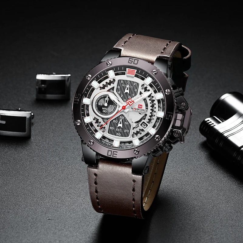  NAVIFORCE Watches New Top Brand Luxury Military Quartz Watch For Men Chronograph Leather Waterproof