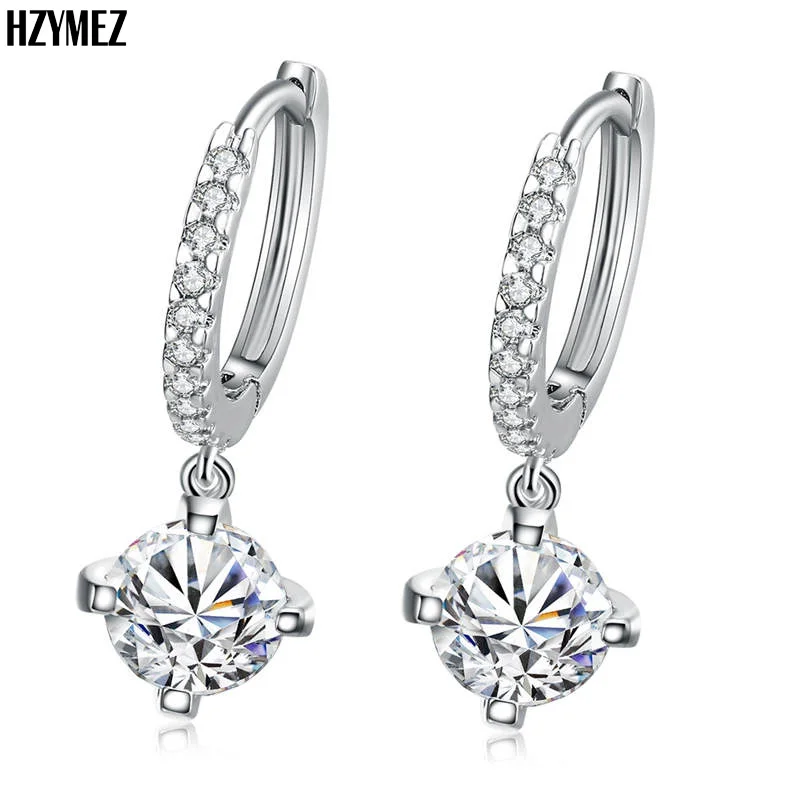 HZYMEZ New Round Circle Zircon Earrings Silver Color Plated Alloy Stud For Women Wedding Jewelery Fashion Jewelry Gifts | Украшения и