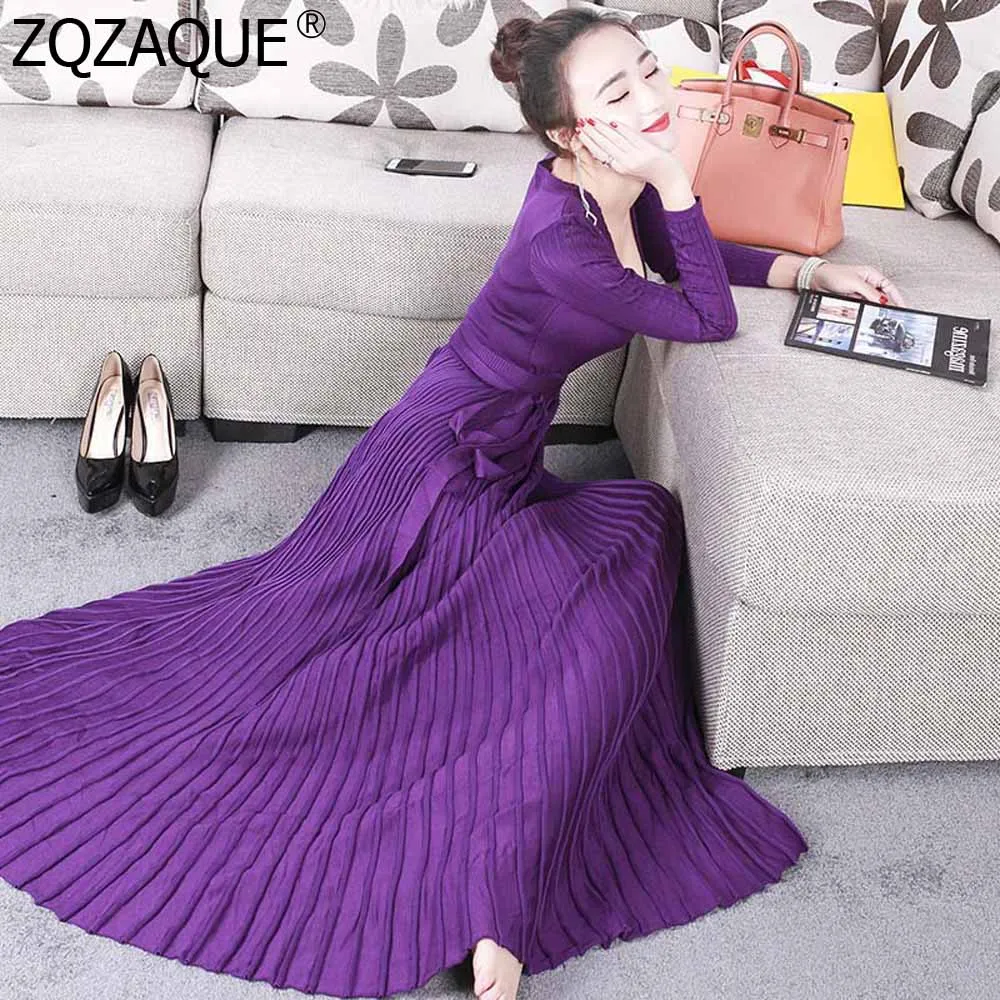 

Women's Elegant V Neck Dress 2019 New Fashion Big Hem Pleated Sashes One-piece Dress Chic Good Quality Long Style Dresses SY1943