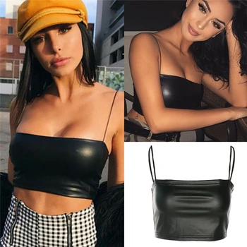 New Sexy Women Leather Crop Tank Top Halter Tee Shirts Bra Vest Strap Crop Top Shirt Camisole Clubwear navy sexy rose embroidered crop top