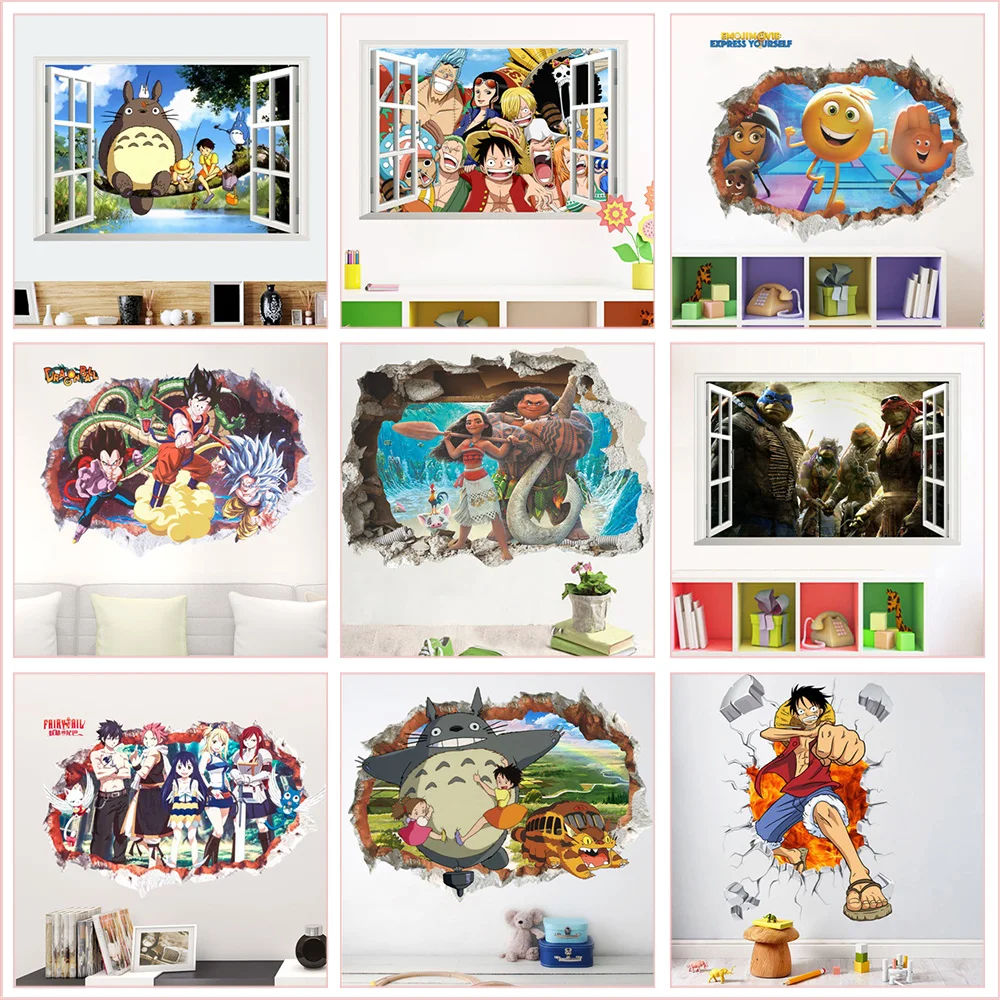 

One Piece Totoro Dragon Ball Moana 3d Window Wall Stickers For Kids Room Home Decoration Cartoon Mural Art Boys Girls Boys Decal