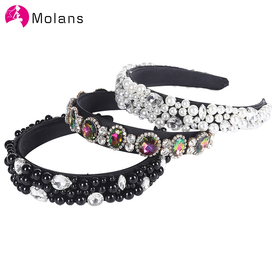 

Molans Vintage Black Pearls Hairbands Transparent Water Drop Rhinestone White Pearl Headband Colors Drill Women Wide Hair Hoops