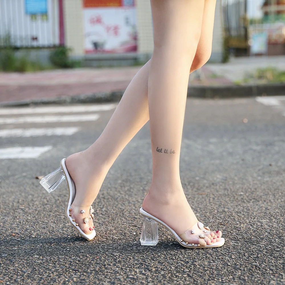

PVC Summer Clear Transparent Slippers Women Shoes Woman Mules Slides Peep Toe High Heels 8CM Slippers Female Pearl Ladies Shoes