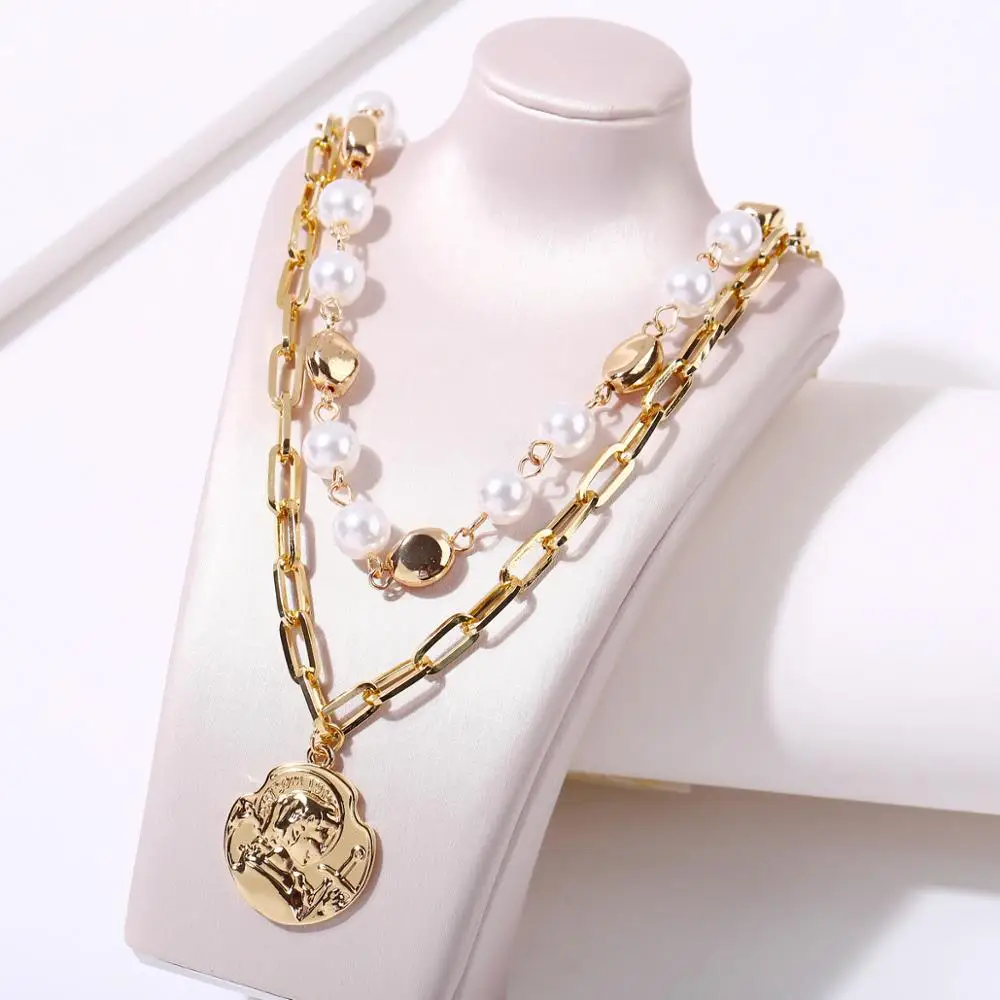 DIEZI Luxury New Design Imitation Pearl Choker Necklace Female Coin Pendant Necklaces for Women Gold Color Fashion Jewelry