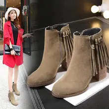 Women Genuine Leather Square Heels High Heels Boots Short Plush Thick Warm Ankle Boots Fringe Fashion Lady Martin Boots 20161231