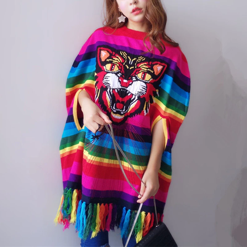 

Women Poncho Spring Autumn Winter Runway Knitted Pullover Tiger Head Beading Cloak Rainbow Striped Tassel Oversized Sweaters