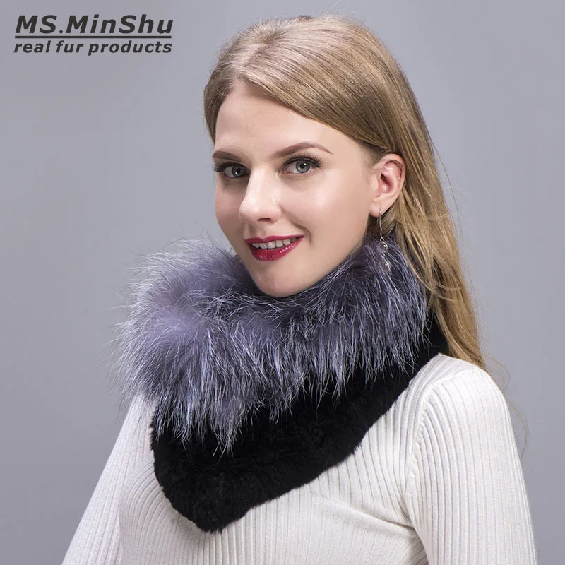 

MS.MinShu Genuine Fox Fur Scarf Knit Rex Rabbit Fur with Silver Fox Fur Scarf Neck Ring Winter Women Scarf Fox Fur Neck Warmer