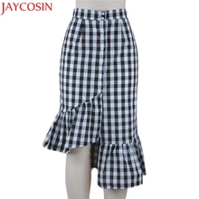 Новое поступление клетчатая юбка Женская Повседневная гофрированная Женская пуговица вечерние разрезная Высокая талия средняя удлиненная юбка 40