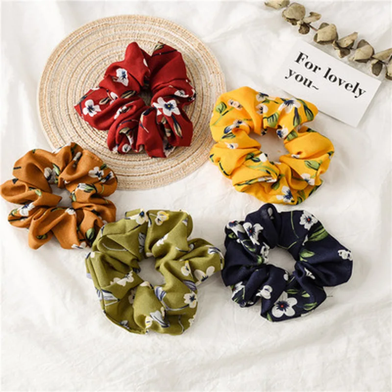 

2019 New Spring Flower Hair Scrunchies Ponytail Holder Soft Stretchy Hair Ties Vintage Elastics Hair Bands for Girls Accessories