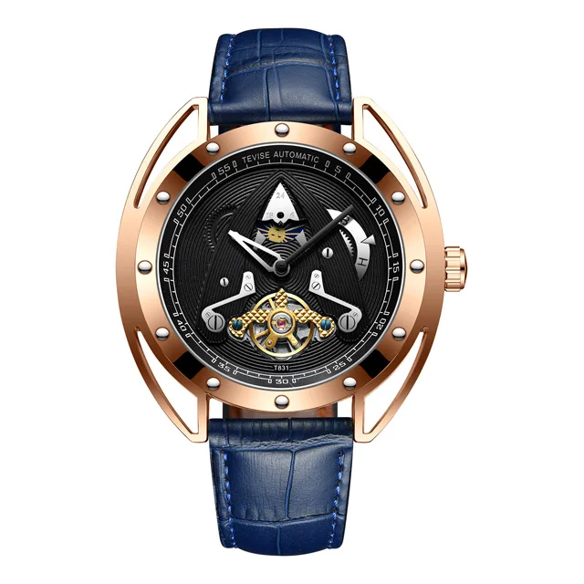 Мужские автоматические механические часы TEVISE Роскошные спортивные Moon phase Tourbillon модные повседневные кожаные новые часы Relogio Masculino - Цвет: BU GLD BK