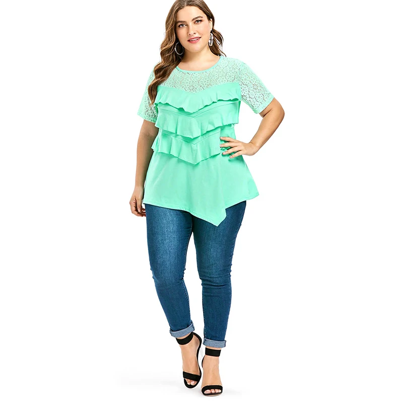 PlusMiss плюс размер 5XL XXXXL XXXL сексуальные цветочные кружевные топы с оборками