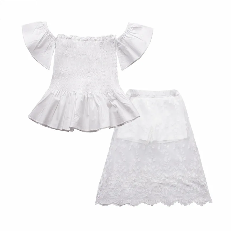 

Summer Baby Girl Clothes Set Kids 2Pcs Outfit Cute Ruffle Tops & Skirts Off Shoulder Lace Spliced Sweet Toddler Suit 2-8 yrs