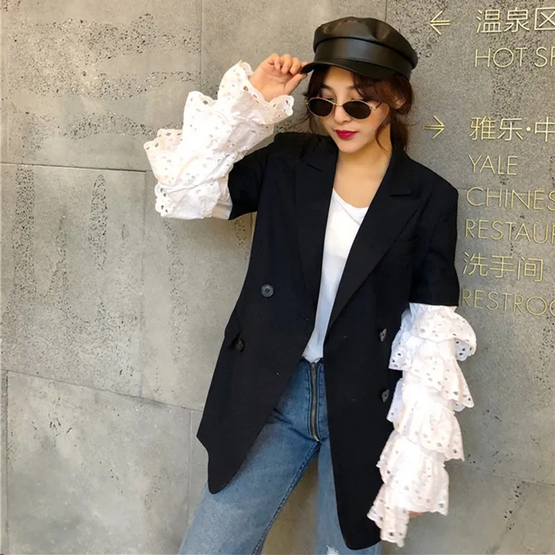 2019 New Casual Striped Blazer Coats Notched Women Flare Sleeve Ruffle Long Blazers White Patchwork Lace Blazers