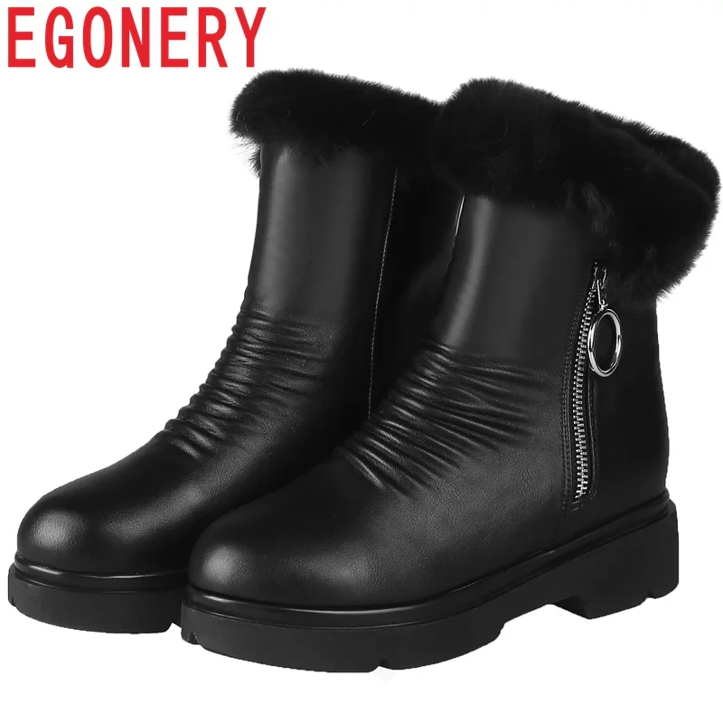 

EGONERY Brand handmade Ankle Snow Martin boots super warm plush outdoor Med heel Woman shoes Chain black White Solid 33-43CN