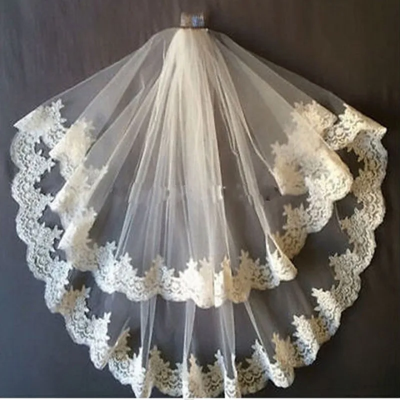 

Bridal Veils Lace Edge Two Layer Wedding Veil with Free Comb Waist Length Tulle Ivory / White 2016 Bridal Accessories