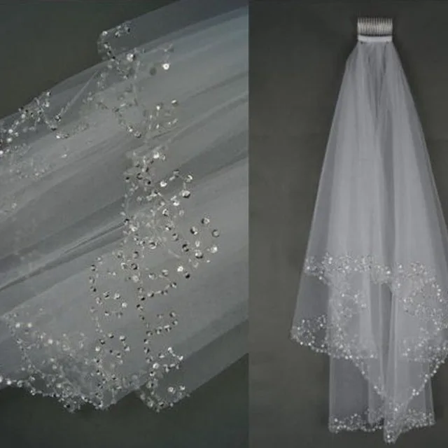 2017 Wedding Veils Wedding Bridal Veil 2 Layer Handmade Beaded Crescent
