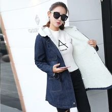 Одежда для женщин, зимнее длинное джинсовое пальто с капюшоном, куртки из овечьей шерсти на шнуровке, женские зимние пальто размера плюс, Женская куртка с принтом