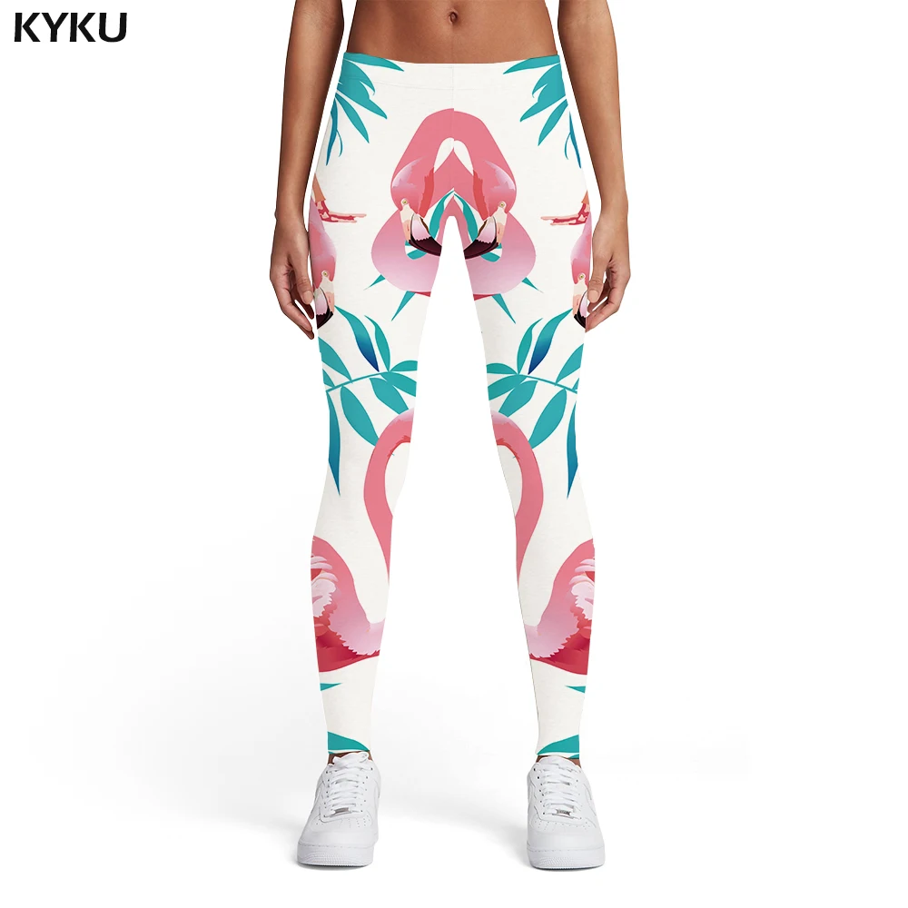 

KYKU Brand Crane Leggings Women Animal Spandex White Printed pants Leaves Trousers Harajuku Ladies Womens Leggings Pants Casual