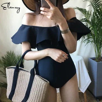 

Women One Piece Swimsuit Ruffle Sexy 2018 Summer Off Shoulder Swimwear Bodysuit Solid Black Beach Monokini Swimwear Beach Wear