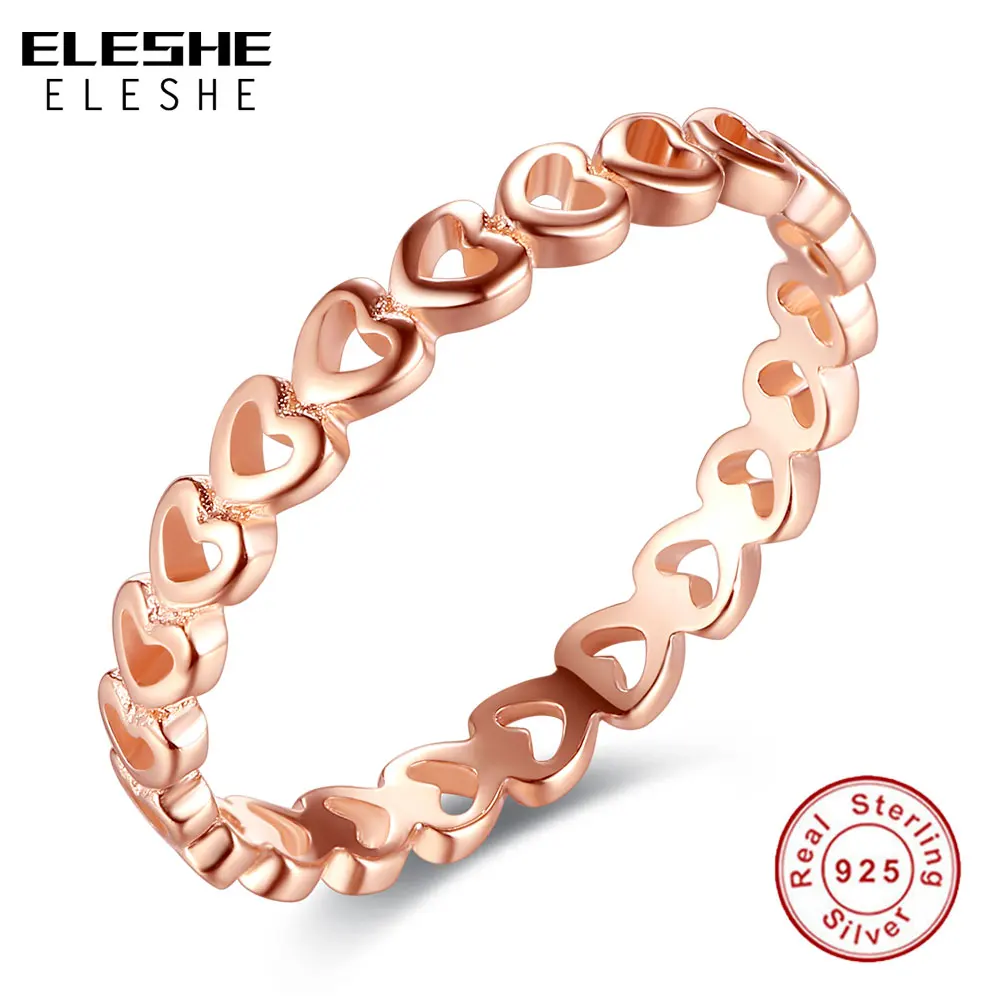 ELESHE Real Solid 925 Sterling Silver Ring Rose Gold Stackable Love Heart Finger Rings For Women Luxury Original Jewelry Gift