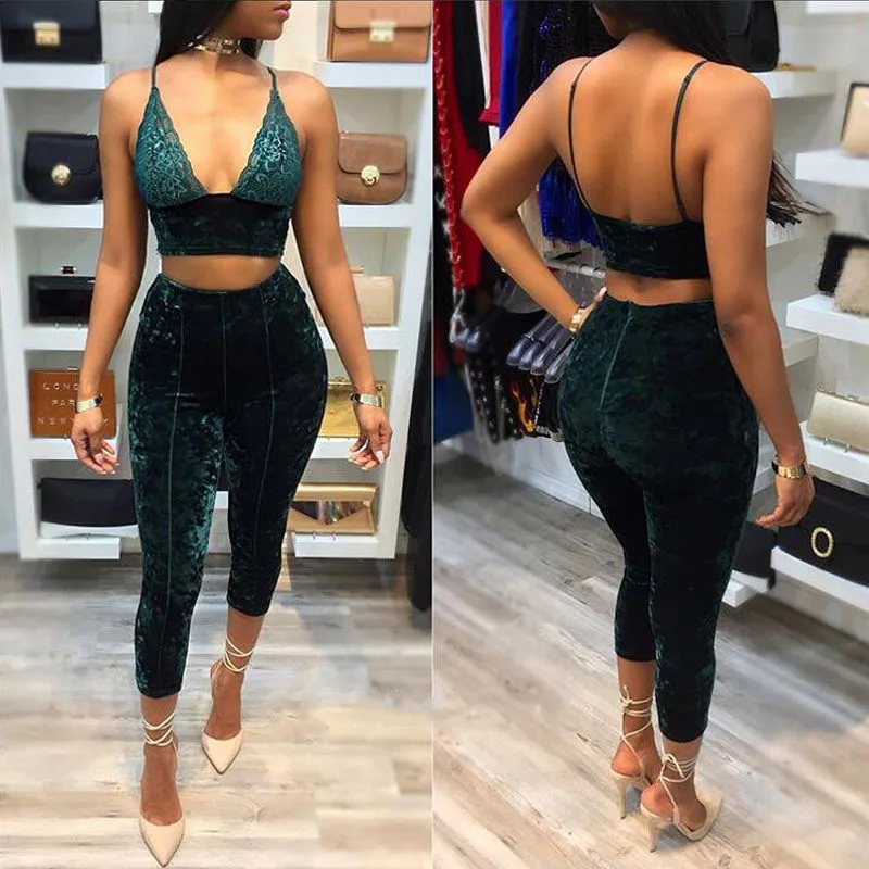 

Autumn Winter Sexy Velvet Suit Women Party Clubwear Two Piece Sets Outfits Lace Crop Top Bra and Cropped Pants Trouser Suits