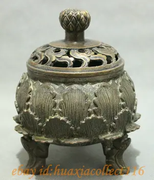

Chinese Old Bronze Collect Lotus Lion Beast Statue Box Incense Burner Censer