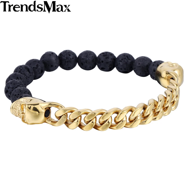 Мужские браслеты из черного камня с бусинами, цепочка с черепом 316L, браслет из нержавеющей стали для мужчин, ювелирные изделия, подарки на Хэллоуин, 8 мм, KHB382