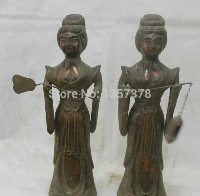 

shitou 00577 13" Old Chinese Dynasty Palace Bronze Stand Belle Woman Girl lady Statue Pair discount 30% (C0324)