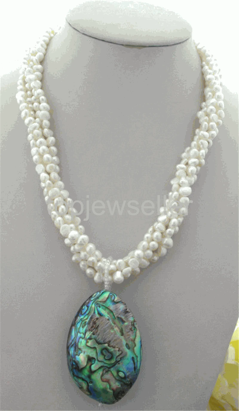 

Free shipping 4 Strands White Nugget Baroque Freshwater Pearl Necklace Abalone Pendant 20"