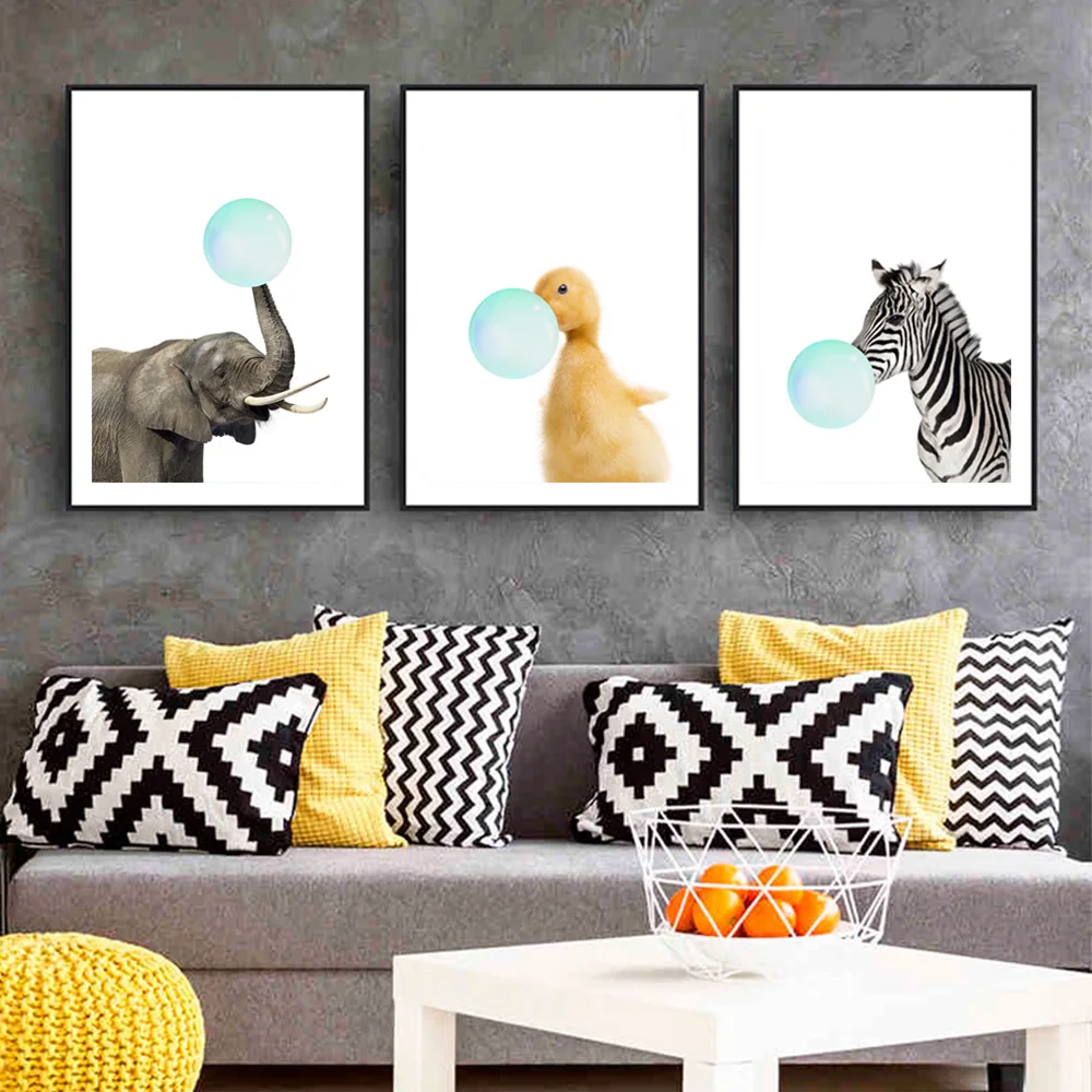 

Children's Room Animal Decoration Oil Painting Blowing Balloon Nordic Simple Small Fresh Decorative Painting Core Without Frame