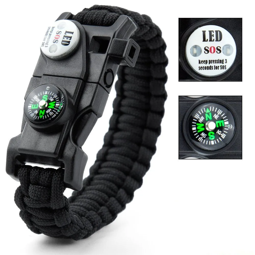 في الهواء الطلق الطوارئ بقاء سوار SOS LED ضوء التخييم Paracord حبل متعددة الوظائف بقاء أداة صافرة البوصلة سوار