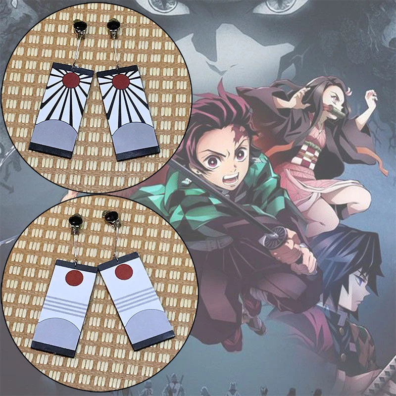 

2 Types Anime Earrings Ear Clips Demon Slayer Kimetsu no Yaiba Kamado Tanjirou Japanese Cosplay Props Eardrop Ear Stud Dangler