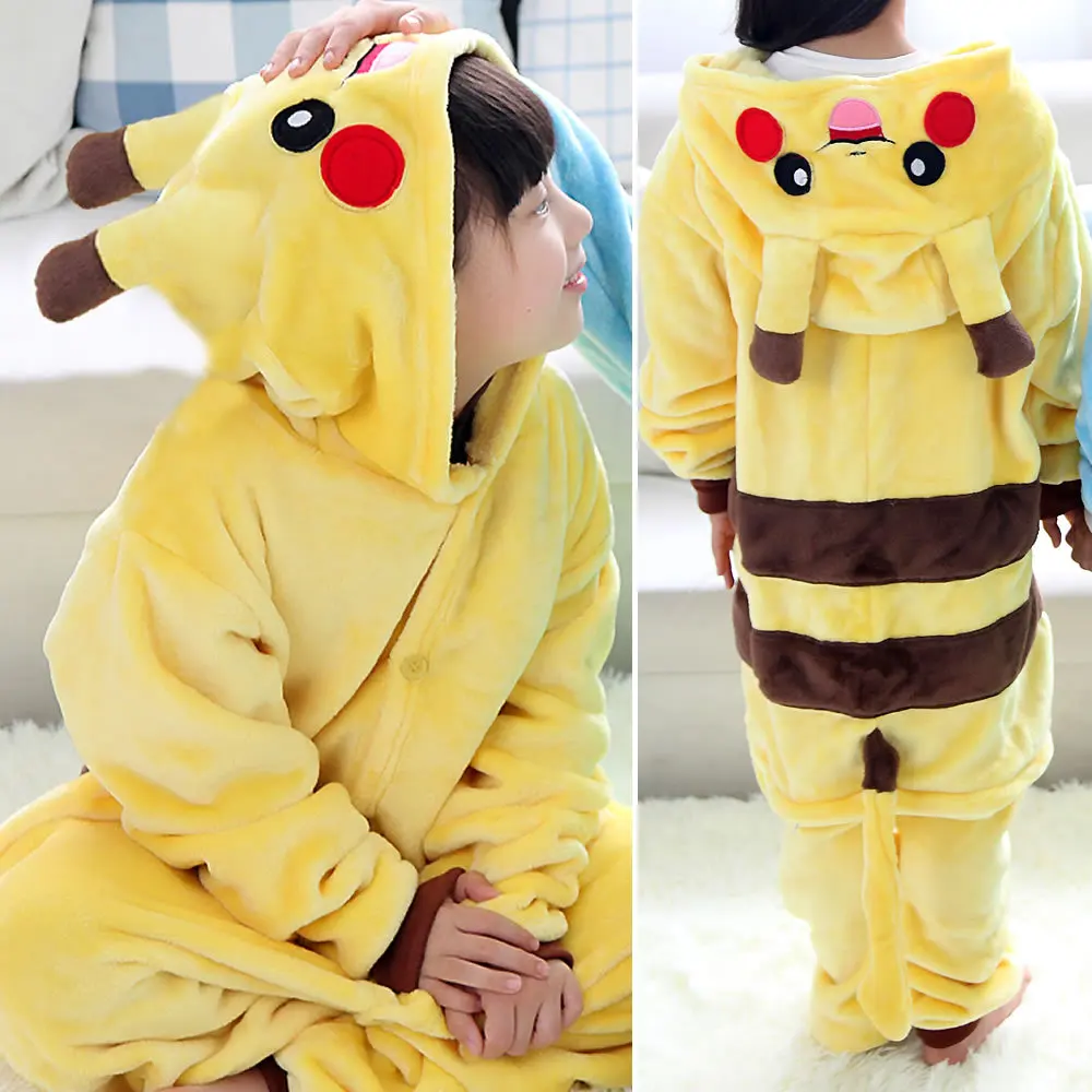 Детские пижамы кигуруми в виде животных, зимние фланелевые теплые пижамы для мальчиков и девочек, единорог, Ститч, панда, косплей, комбинезон с капюшоном, милая одежда для сна - Цвет: Pikachu
