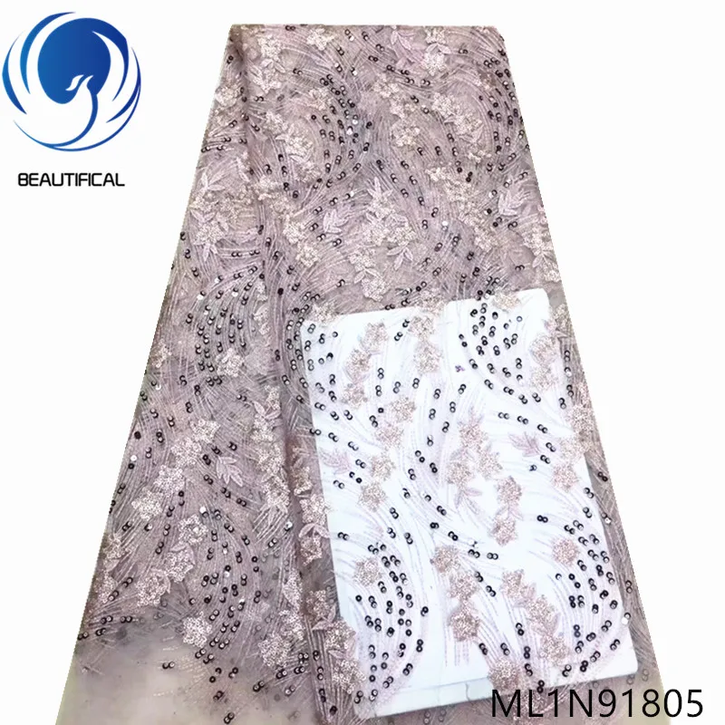 

Beautifical nigerian lace fabrics for dress popular style net lace fabric french lace sequins fabric embroidery 5yards ML1N918