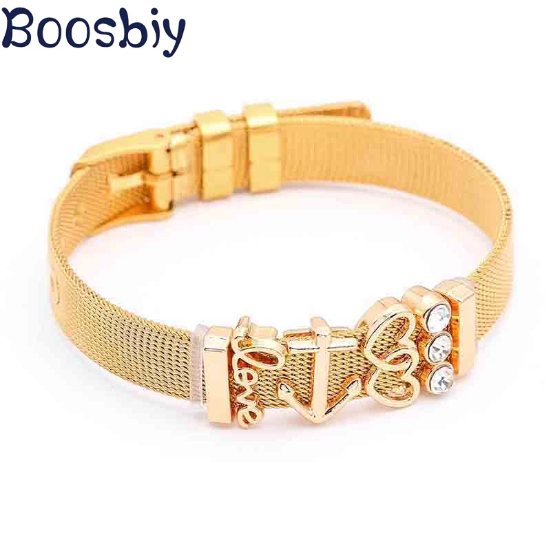 

Boosbiy 2019 New Design Stainless Steel Mesh Bracelet With DIY Heart & Key Beads Pandora Bracelet For Valentine's Day Gifts