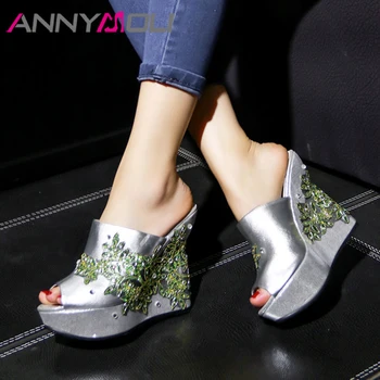 

ANNYMOLI Women Slides Summer Shoes Natural Cow Leather Platform Wedges High Heel Shoes Crystal Peep Toe Slippers Ladies Sandals