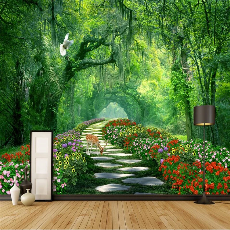 

Beibehang Custom 3d photo wallpaper shade of forest deer park road 3 d landscape sitting room sofa TV wall mural 3D wallpaper