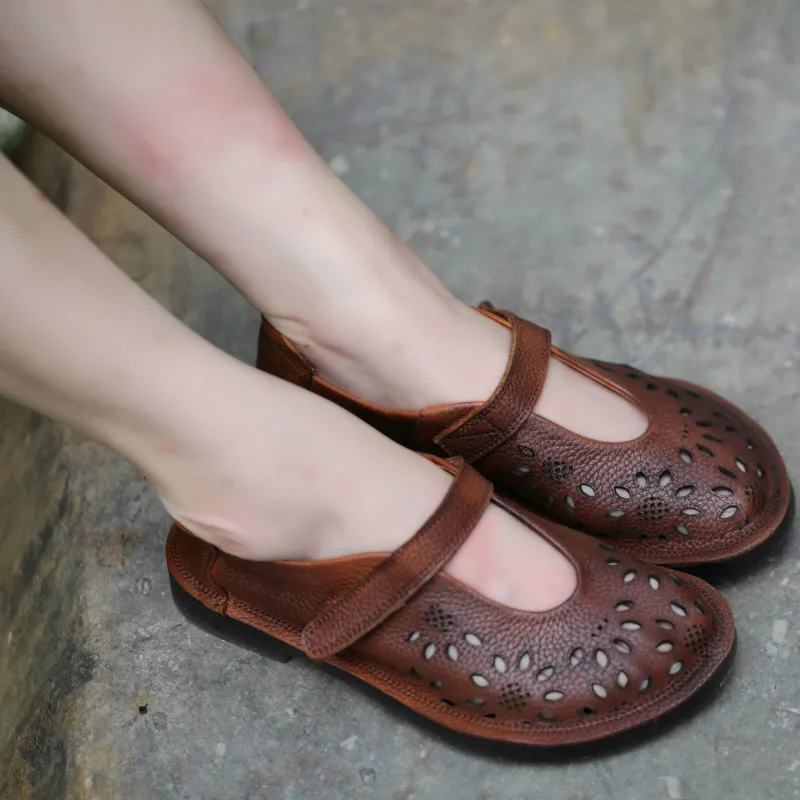 

Women Leather Flats Embroidery Low Heels Ballet Flats Mary Jane Shoes Summer Lady Hollow Out Handmade Genuine Leather Flat 2019