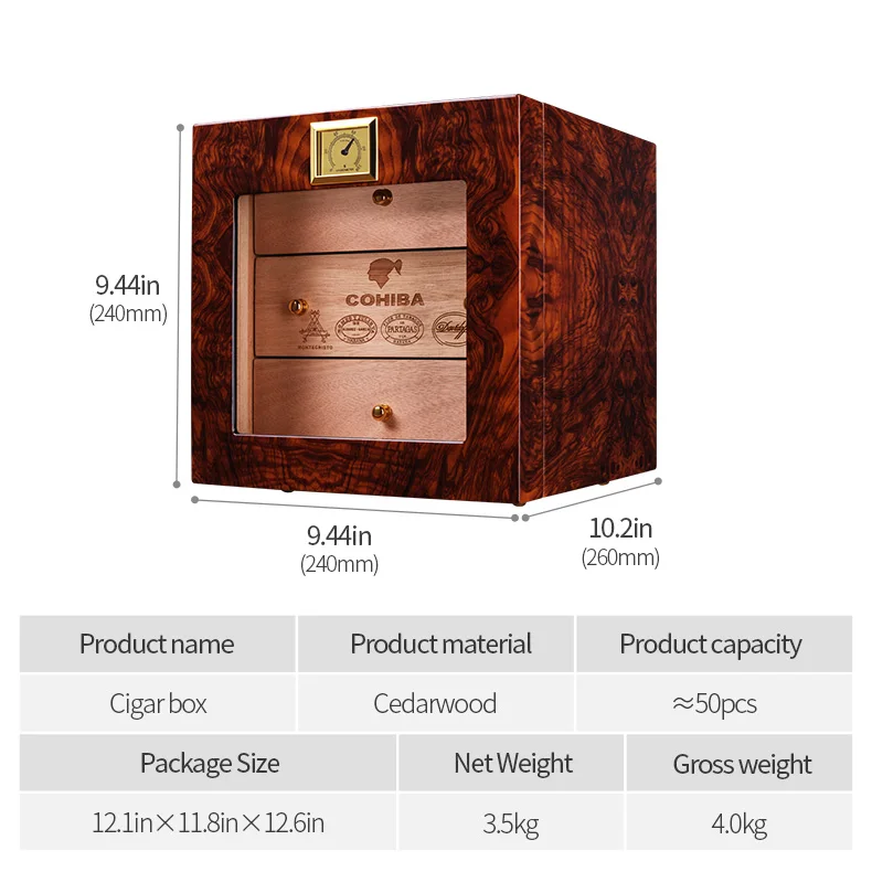 CIGARLOONG 3 Layers Cigar Humidor Box cedar Wood Lined Hygrometer Smoking Cigar Accessories Gifts CA-0412