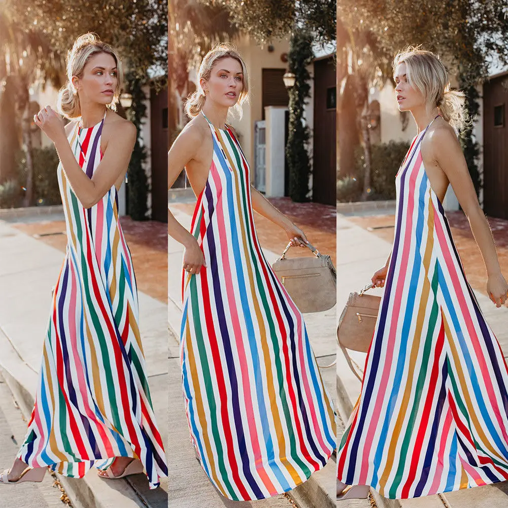 

Women's Boho Halterneck Long Maxi Dress Ladies Party Summer Beach Sundress Striped dress S-XXXL