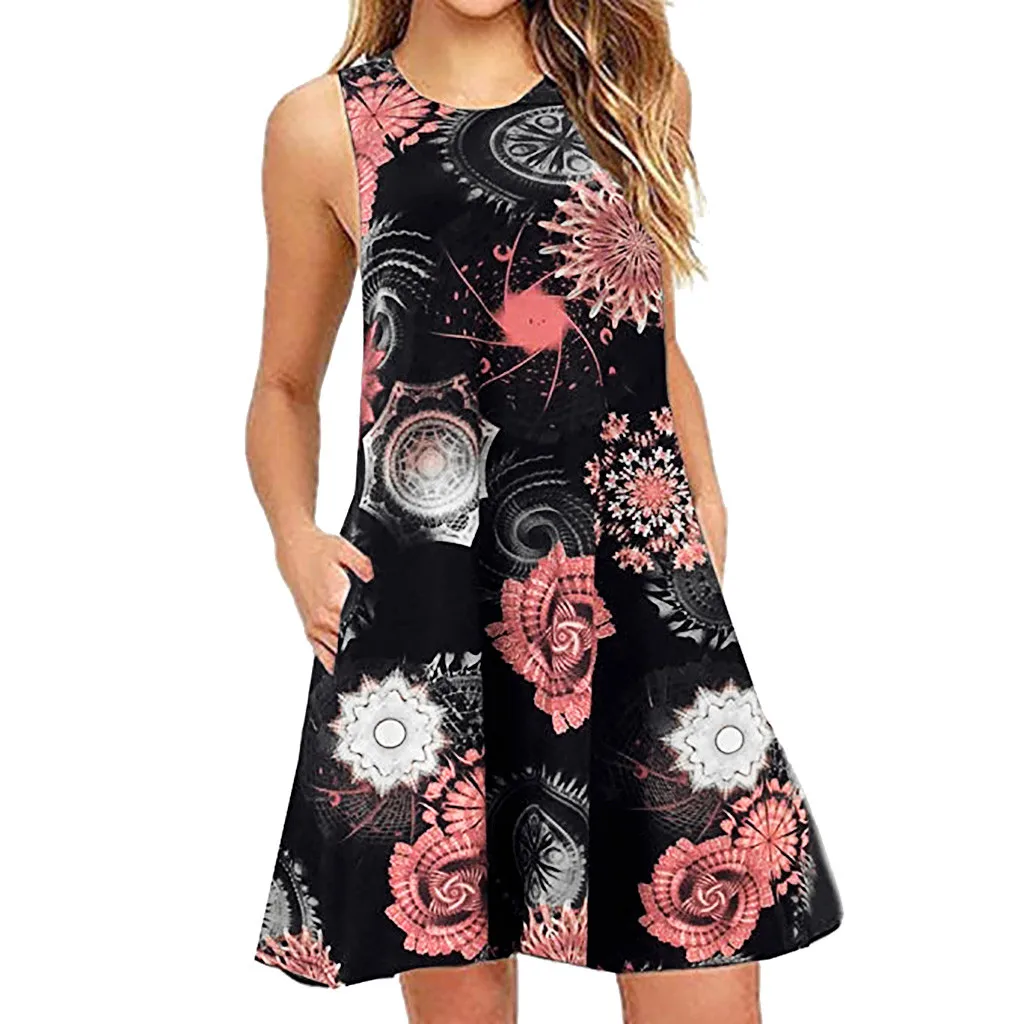 

Women's Summer Casual Sleeveless Floral Printed Swing Dress Sundress with Pocket Sexy Split Irregular Hem Dress Boho Summer