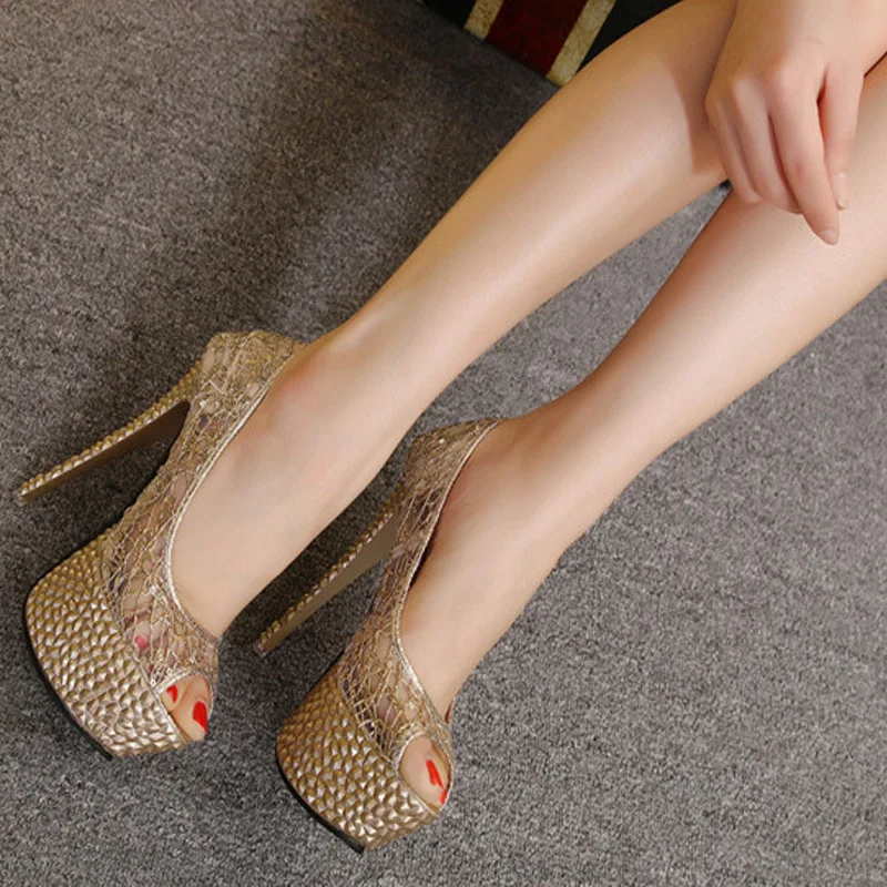 2019 new ultra high heel lace women's shoes fashion nightclub stiletto net shoes fish mouth sandals.