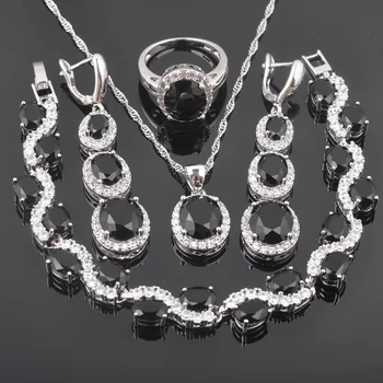 

Black Crystal Jewelry Sets Women Bridal Jewelry Silver Color Bracelet Necklace Pendant Earrings Ring 2020 New QS0122