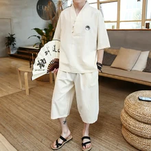 Новые летние Пижамные комплекты в сдержанном стиле с короткими рукавами из хлопка и льна пижамы Для мужчин; одежда для сна комплекты белья Повседневное Lounge