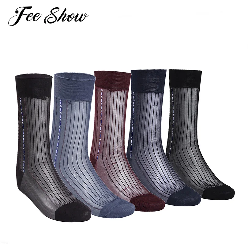 

3 Pairs Men Casual Summer Over The Calf Striped Jacquard Thin Causal Sheer Silk Socks Good Elasticity and Breathable Men's Socks