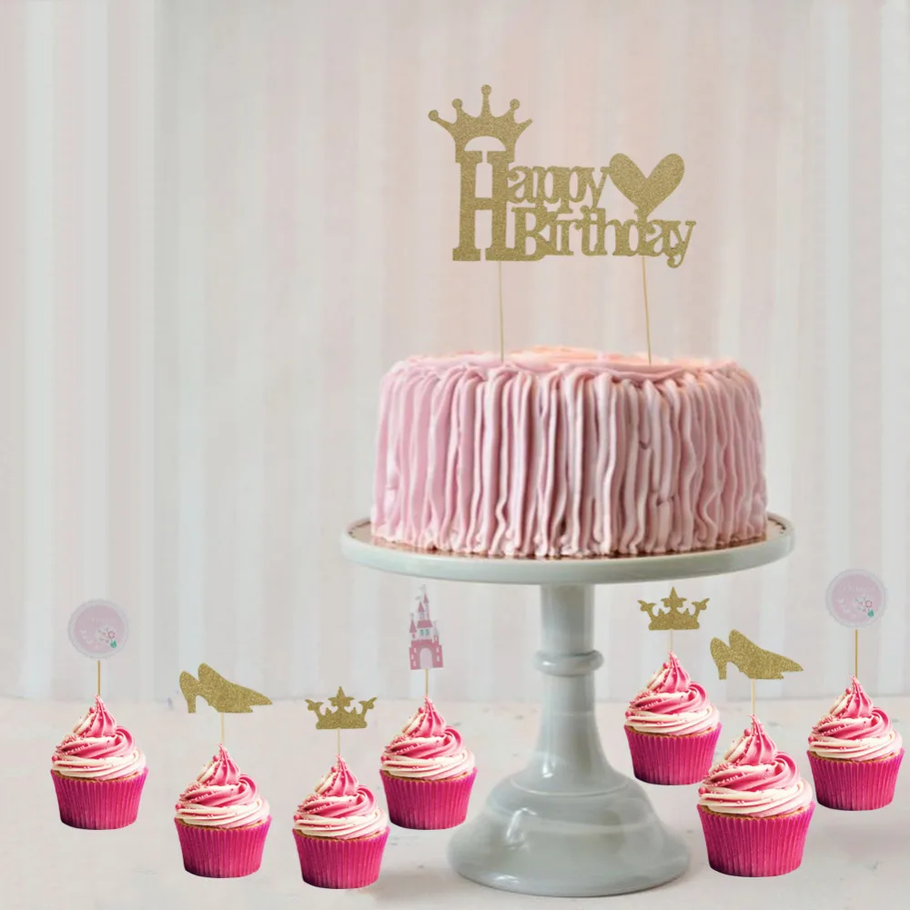 Set of 9 Glitter Gold Happy Birthday Cake Toppers ...
