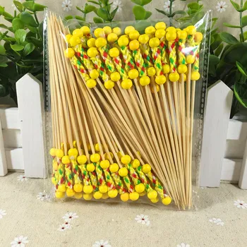 

100Ps 9Cm Double yellow bead Fruit Fork Sticks Buffet Cupcake Toppers Cocktail Forks Wedding Festival Decorations Birthday party