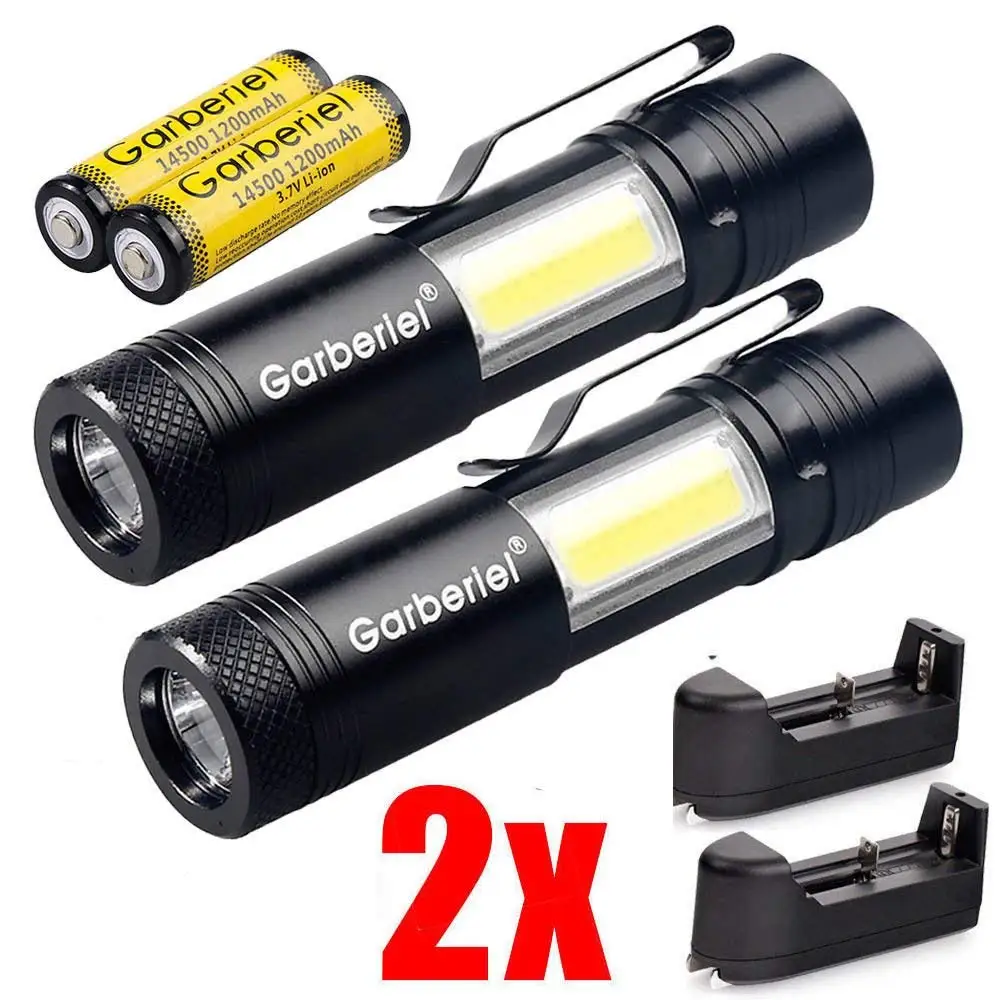 

Garberiel Pack of 2 LED 4 Modes COB Flashlight Mini Lights Aluminum Torch with Rechargeable 14500 Batteries and Chargers
